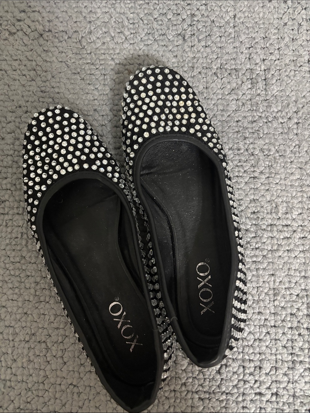 XOXO Black Crystal-Studded Slip-On Flats